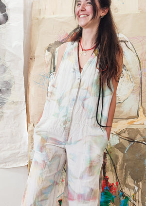 HANDPAINTED JUMPSUIT LONG SLEEVELESS SIDE SLOTS - NATURAL LINEN white